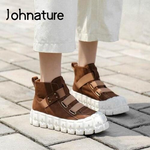 Johnature 2021 New Women Sneakers Genuine Leather Elastic Band Women Shoes Sewing Handmade Retro Concise Platform Sneakers