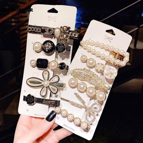 2021 Lady Vintage Pearl Rhinestone hair Accessories Women Ins Retro hairpin 5pcs/Set Cute Girls Hair Jewelry Accessories