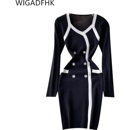 WIGADFHK Autumn 2021 New Hit Color Double-breasted V-neck Long-sleeved Sexy Knitted Dress Slim Slimming Fashion Dress Women