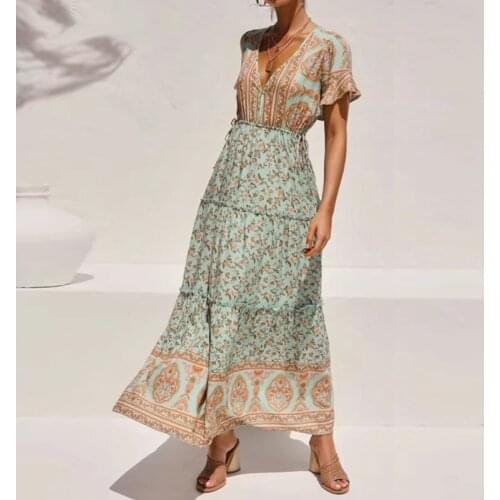 ZA Bohemian Floral Printed Maxi Dress Women Vintage Short Sleeve V Neck Ruffle Dresses For Women Casual Summer Beach Long Dress
