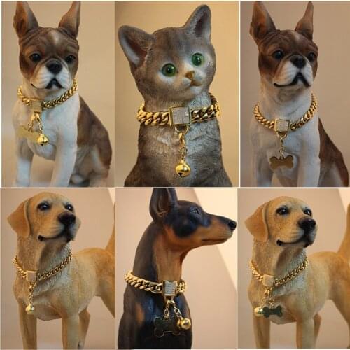 Gold Dog Collar Dog Chain Collar Cuban link Chain Collar Stainless Steel Pet Jewelry 10-26inch for Teddy Puppy Bulldog