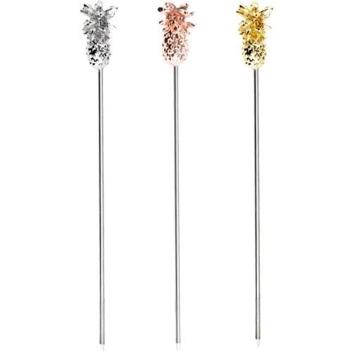 3PCS Stainless Steel Swizzle Sticks Fruit Pineapple Stick Cocktail Pick for Kitchen Bar Accessory Rose Gold