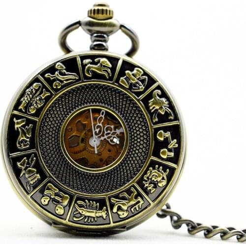 5Pcs/lot Top Antique Bronze Constellations Zodiac Pocket Watch Quartz Fob Clock Men Women Gift Necklace Chain PJX1084