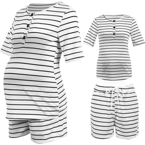 #57 Nursing Sleepwear Women Home Pregnant Clothes Quarter Sleeve Striped Tops Pocket Shorts Maternity Suit Pijama De Maternidad