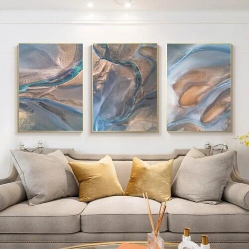 Abstract Golden Blue Luxury River Wall Art Oil Painting Printed on Canvas Canvas Poster Wall Picture for Home Decoration Cuadros