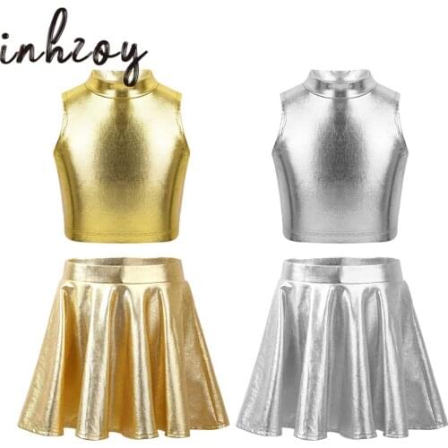 Ballet Dance Clothes For Girls Kids Stage Party Dance Costume Set Metallic Sleeveless Tops With Flared Pleated Skirts Dance Wear