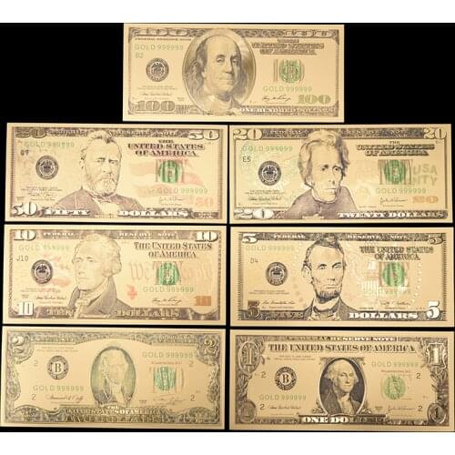 7pcs/lot US Gold Foil Banknote America Fake Banknotes All Dollar Banknotes Paper Money Collection for Home Decoration Gift