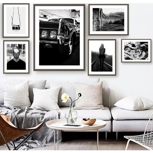 Black And White Camera Car Track Bridge Wall Art Canvas Painting Nordic Posters And Prints Wall Pictures For Living Room Decor