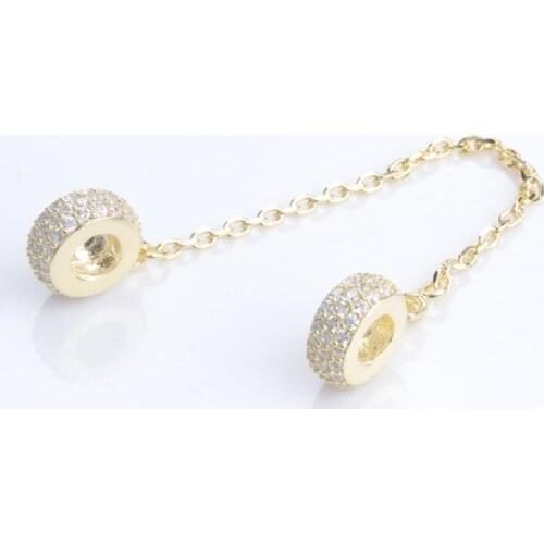 S925 sterling silver full zircon gold color inspiration inspiration safety chain Charms Fit Bracelet DIY Bead for Jewelry Making