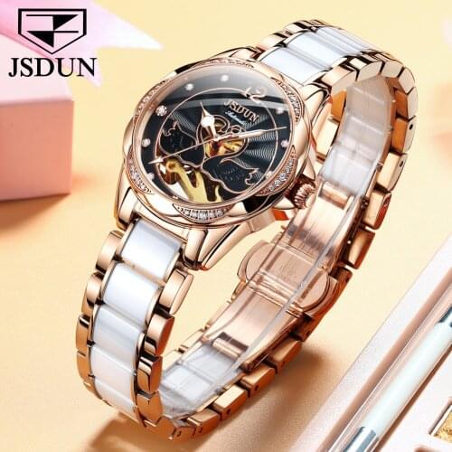 JSDUN Ladies Automatic Watch Ceramic Steel Strap Waterproof Mechanical Hollow Brand Luxury Ladies Watch Relogio Feminino 8831