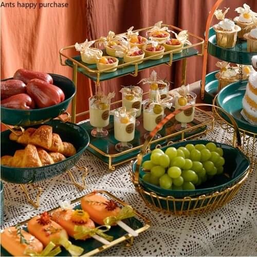 Wrought Iron Ceramic Plate Cake Pan Display Stand Dessert Plate Cake Pan Fruit Plates Decorative Frame Snack Tray Salad Bowl