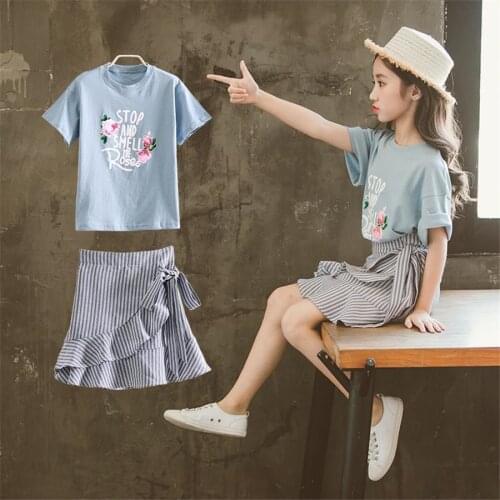 Kids Clothes Girls Summer Sets Fashion Floral T-shirt +Striped Skirt 2 Pcs Casual Set For Girls Teenage Clothing Outfits