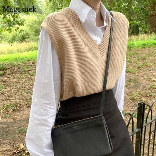 Korean Solid Loose Knitted Vest Women Sweater Autumn Womens Pullover Sweater V-Neck Outerwear Office Fashion Clothing 10974