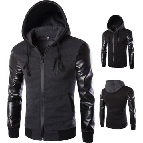 Mens Leather Patchwork Jacket Hooded Chest Zipper Design Stylish Casual Jacket