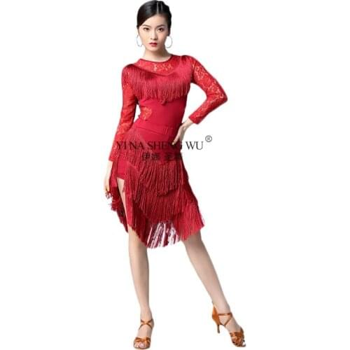 New Women Dance Wear Latin Dance Costume 2 Pieces Sets Top Skirt Latin Dance Tassels Clothing Salsa Samba Long Sleeves Spandex