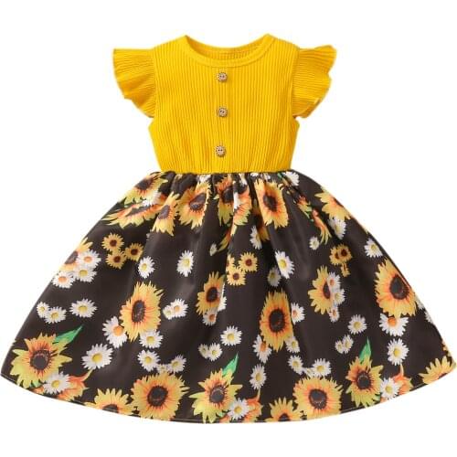 Girls Ruffles Fly Sleeve Dress Sweet Button Sunflower Printing Stitching A-Line Princess Dress Summer Soft And Breathable