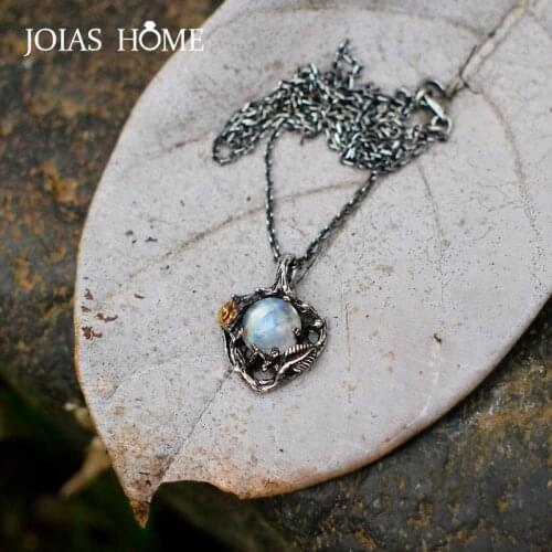 JoiasHome 925 Sterling Silver Necklace Pendant Creative Moonstone Rose Flower Pendant Retro Twig Leaf Separation Necklace