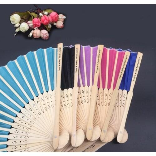100pcs Hand Folding Fans Personalized Wedding Favors and Gifts For Guest Cloth Wedding Decoration Silk Fan +Customized Printing