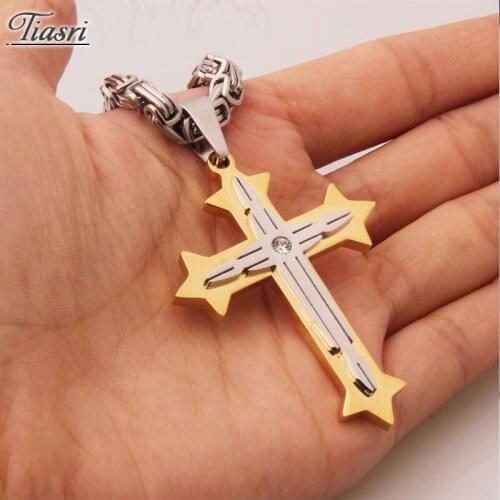 Tiasri Steampunk Style Cross Pendant For Mens Necklace Charming Rhinestone 5mm Byzantine Chain Stainless Steel Jewelry Gifts