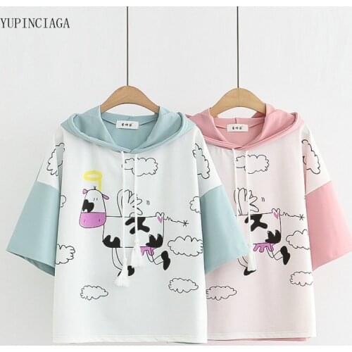 Mori Girl Style Cartoon Puppy Print Hooded Short Sleeve 2021 Summer Hoodies Women Cotton Harajuku Sweatshirt With Horns 2114288