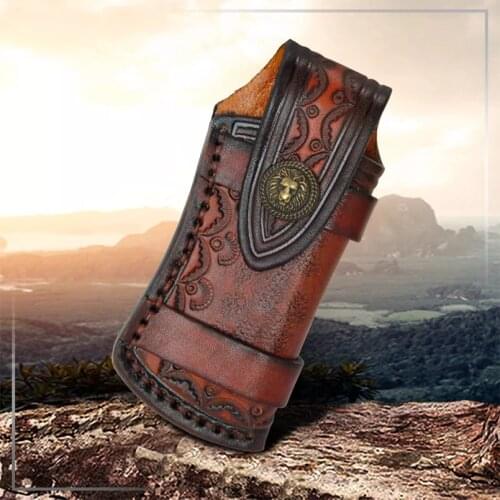 High Quality First Layer Genuine Leather Folding Pocket Knife Cover Carved Lion Buckle Scabbard Waist Belt Storage Case Pouch