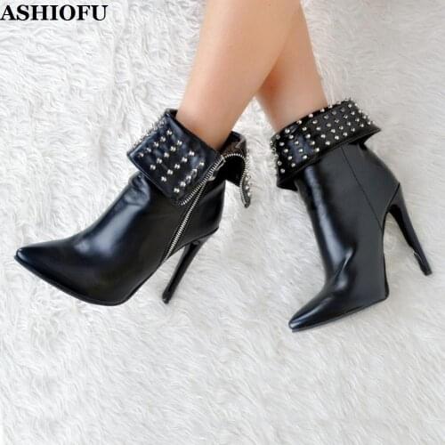 ASHIOFU Handmade Ladies High Heel Boots Turn-over Rivets Spikes Party Club Ankle Boots Pointed-toe Evening Club Fashion Boots