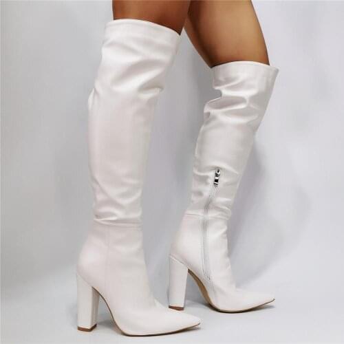 Linamong Woman Fashion White Color Over The Knee Boots Pointed Toe Chunky Heels Thigh High Long Leather Boots Plus Size 45