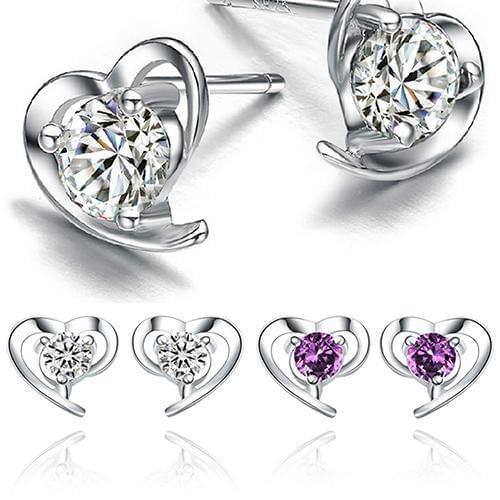 2Pc Fashion Noble Womens Love Heart Cubic Zirconia 925 Sterling Silver Ear Studs Earring Wedding Engagement Jewelry Accessories