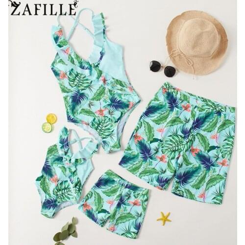ZAFILLE Family Swimsuit Women Green Leaf Print One-Piece Swimsuit Women Flounce Bathing Suit Girls Swimsuit Men Boy trunks