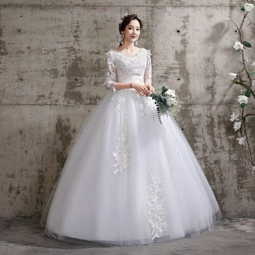 O-Neck Half Sleeves Ivory Embroidery Cheap Chinese Wedding Dresses with Applique Vestidos De Novia Sexy Ball Gown Robe De Mariee