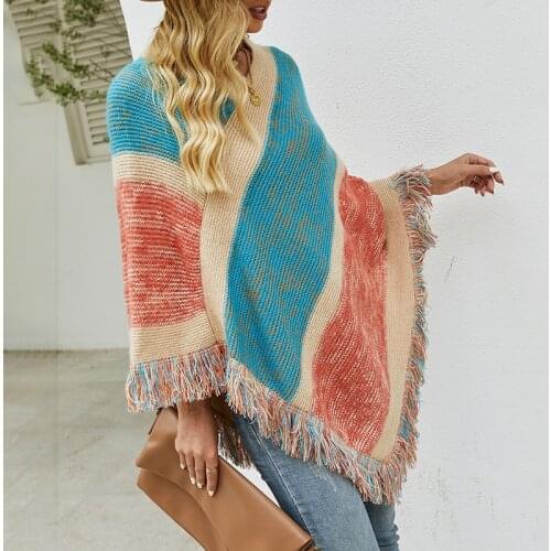 Winter Pstriped Shawls Bohemian Fringe Oversized Womens Winter Ponchos and Capes Knitted Pullover Sweater Cloak Candy Color