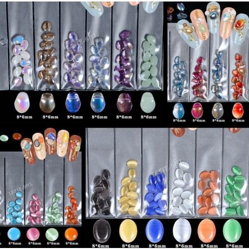 60PCS Beauty Nail Glitter Colorful 3D Oval Round Cat Eye Cymophane Petal Translucent Jewel Resin Nail Art Rhinestone Decals Set