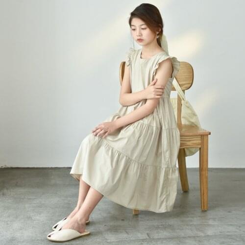 Teen Girls Sleeveless Beige Cotton Long Dresses 2021 Summer Korean style Kids Girls Dress 8 10 12 13 14 years