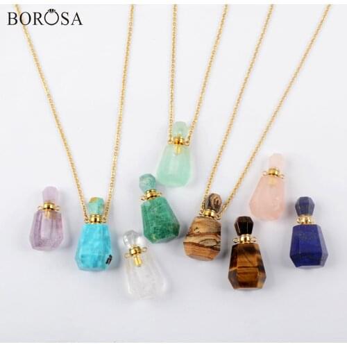 BOROSA 3Pcs 26inch Natural Gems Stone Perfume Bottle Diffuser Necklace Crystal Essential Oil Pendant Necklaces Women G1965-N