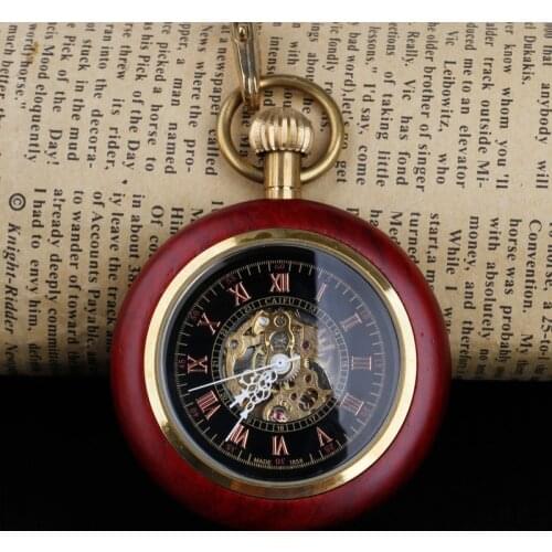 Retro Classic Steampunk Wooden Mechanical Hand Wind Pocket Watch Roman Numerals Luxury FOB Chain Clock Unisex Watches PJX005