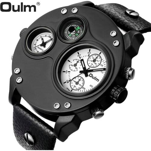 OULM Chic Casual Quartz Watch Men Leather Stap Punk Big Dial Analog Clock 2 Time Zone Compass Outdoor Sports Watches Waterproof