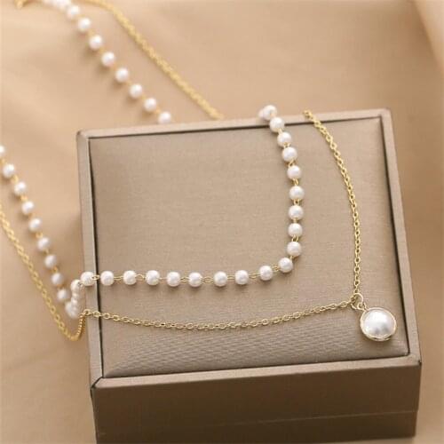 Korean Fashion Double Layer Pearl Pendant Necklace for Women Jewelry Accessories Trendy Clavicle Chain Choker Wedding Girl Gift