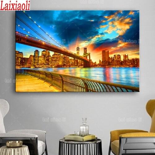 Large Brooklyn Bridge Dusk View Landscape DIY Diamond Embroidery Diamond Painting Full Square round Picture Of Beaded Mosaic Art