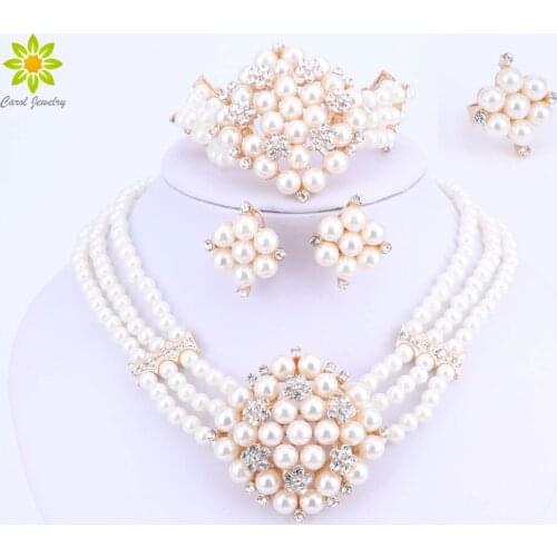 2020 New Fashion Imitation Pearl Dubai Gold-color Necklace set African Beads Costume Acessories Bridal wedding Jewelry Sets