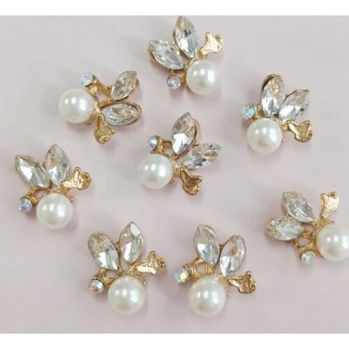 10PCS 17*19mm Metal Alloy KC Gold Crystal Imitation Pearl Flowers Connectors Charm For DIY Jewelry Making