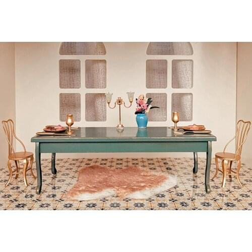 Cute Iron Dining Table Toy Retro Brush Gold Long Table Metal For Baby Doll Accessories Kitchen Furniture Dollhouse For Girl Gift