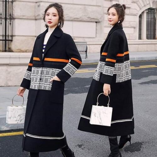 Fashion Stripe Patchwork Warm Winter Wool Coat Women Fashion New High Quality Plus Size Long Overcoat Lapel Casaco Feminino f151