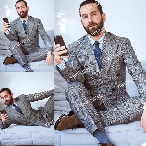 YIWUMENSA 2pc Grey Plaid Check Jacket+Pants Groom Wear Business Prom Daily Formal Men Suits Wedding Blazers Double Breasted Coat