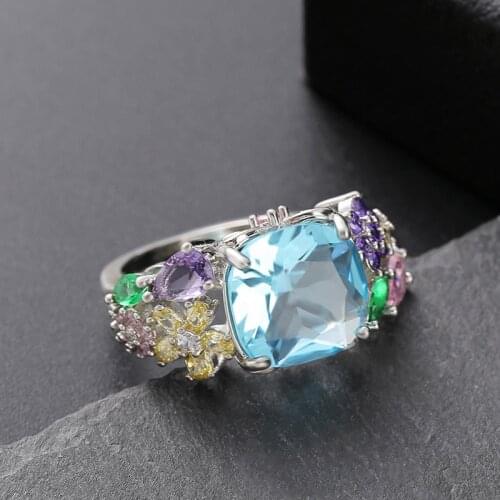 Independent design new inlaid multi-color crystal square ring for attending cocktail party, exquisite charm ladies jewelry
