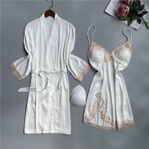 Sexy Lace Women Sleepwear Nightgown White Bride Bridesmaid Wedding Robe Set Silky Soft Satin Nightdress Loose Home Clothes