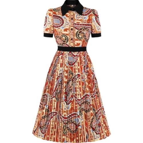 Dashiki Print Elegant Turn Down Collar Dress Women Short Sleeve Buttons Pleated A Line Dresses Fashion Vintage Party Vestidos