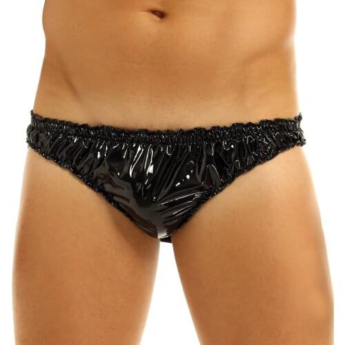 Sexy Black Men Wet Look Patent Leather Lingerie Frilly Ruffled Low Rise High Cut Sissy Briefs Underwear Sissy Panties Jockstrap