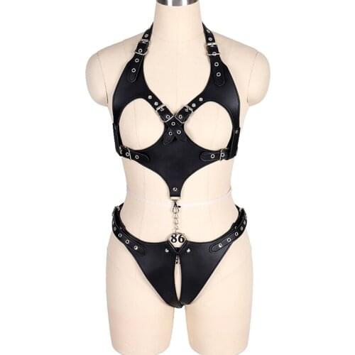 Sexy Leather Lingerie Cupless Bra Bandage Women Garters Belt Punk Goth Suspenders Straps BDSM Full Body Harness Halter Belts