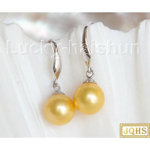 AAAA Dangle 8.5MM ROUND GOLDEN SOUTH SEA PEARL EARRING 925SC hook j10761 jewelry