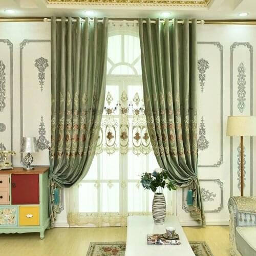 European Style Curtains for Living Dining Room Bedroom Simple Embroidery High-end Green Curtains Finished Product Customization